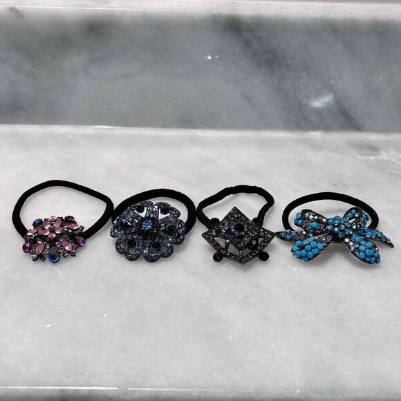 Lot Of 4 Vintage Sparkly Rhinestone Embellished Elastic Ponytail Hair Ties Multi - Picture 2 of 5